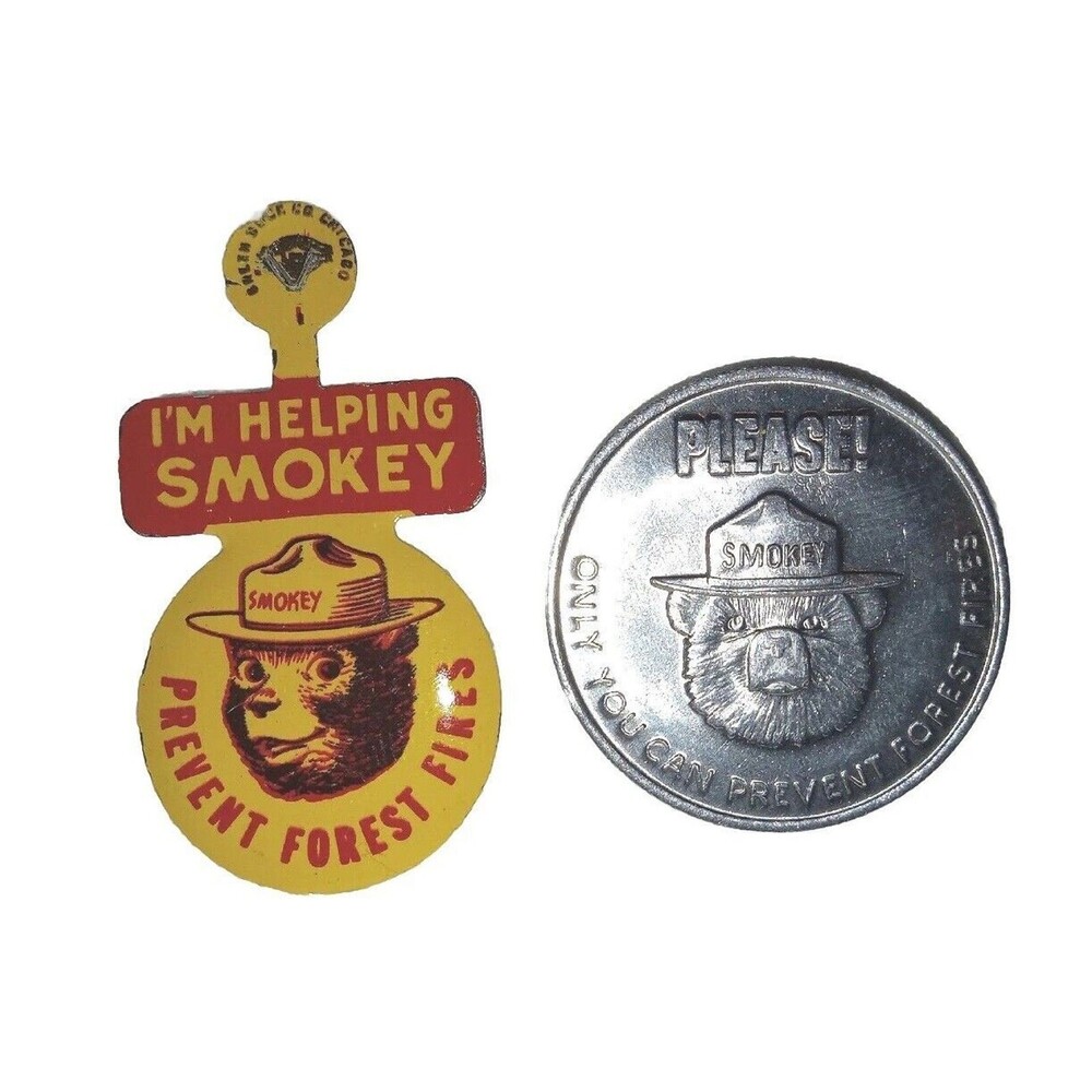 SMOKEY BEAR 50's-60's BEND OVER LAPEL PIN USA Historical Artifact + COIN